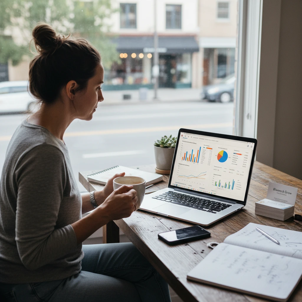 Chủ doanh nghiệp xem phân tích SEO trên laptop.