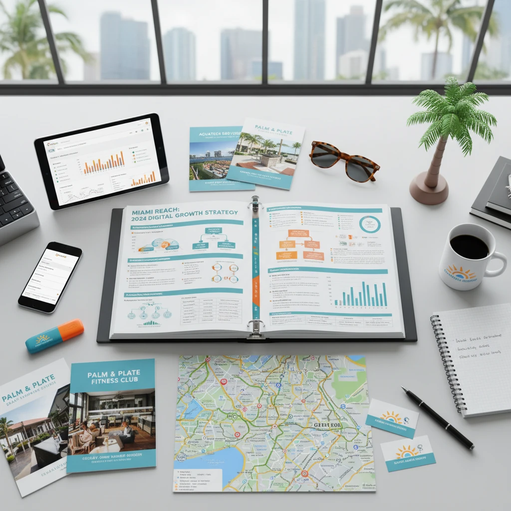 Kế hoạch SEO chi tiết trên bàn làm việc với tài liệu Miami