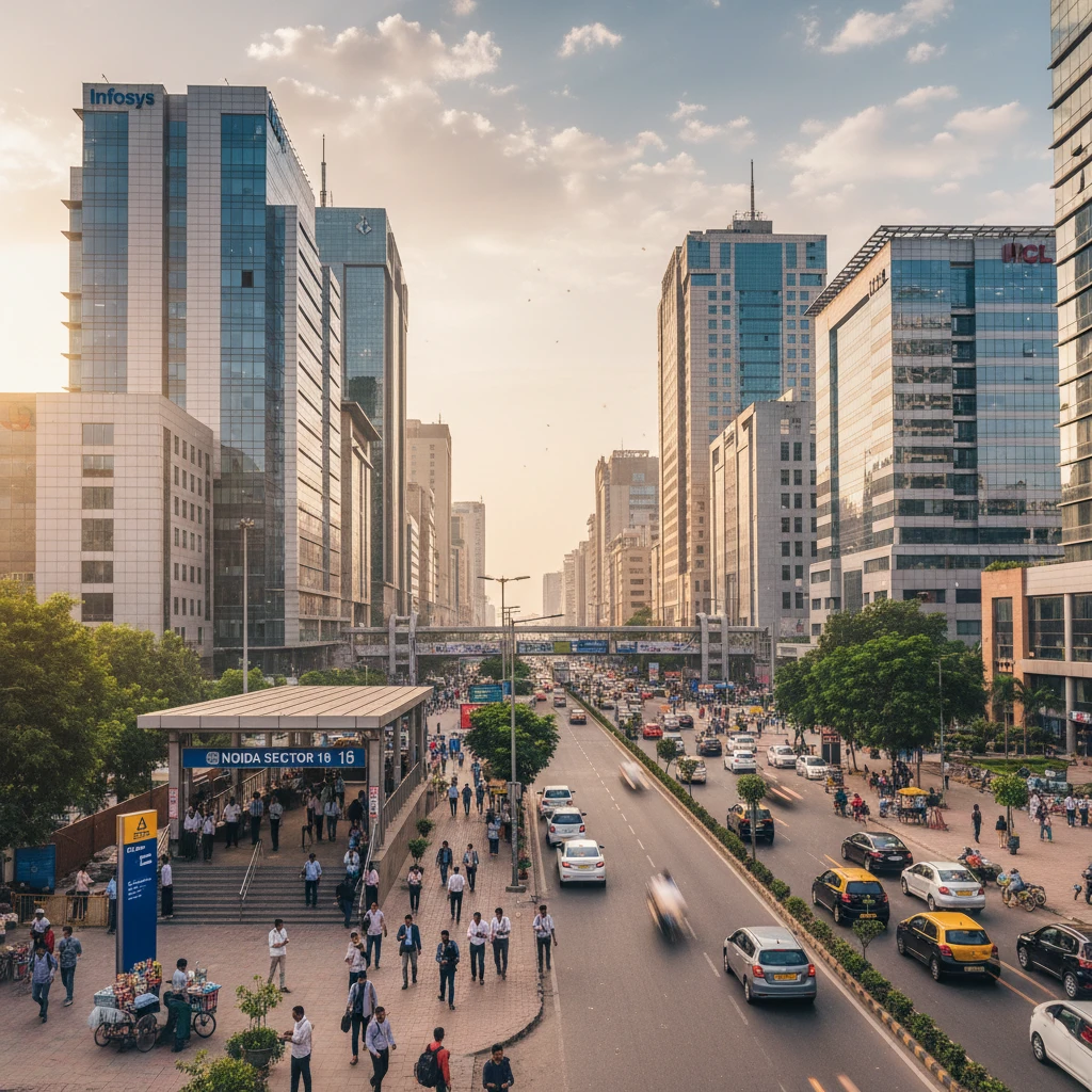 Khu vực kinh doanh Noida với nhiều tòa nhà văn phòng và người đi lại.