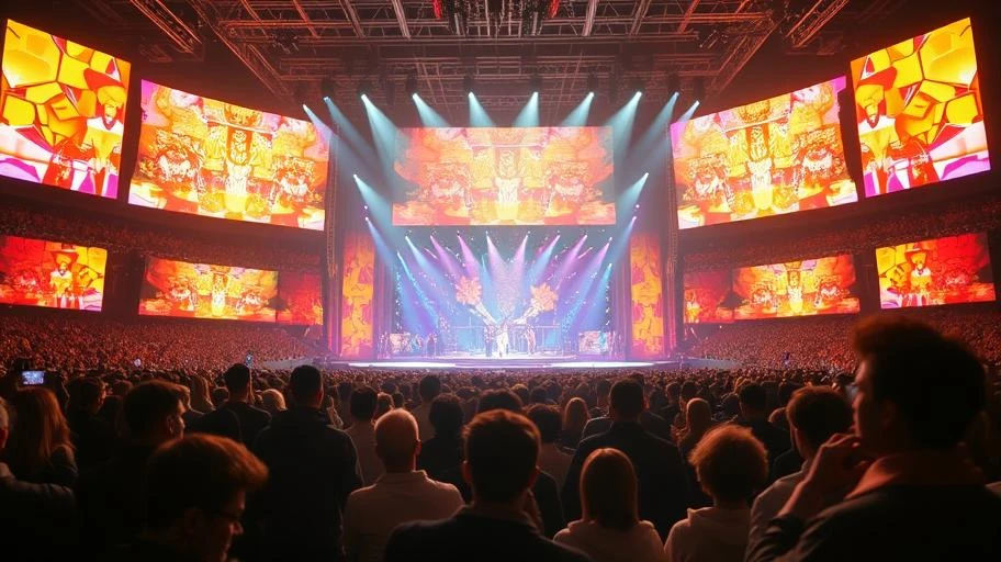 Một buổi biểu diễn K-pop với ánh sáng và sân khấu rực rỡ