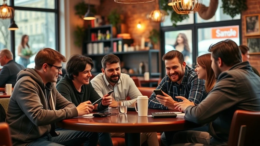 Nhóm fan thảo luận trong quán cafe, tập trung vào di động.