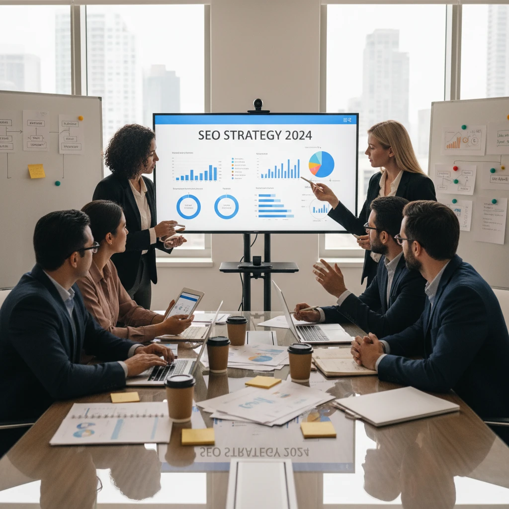 Nhóm tiếp thị đang thảo luận chiến lược SEO trong văn phòng.