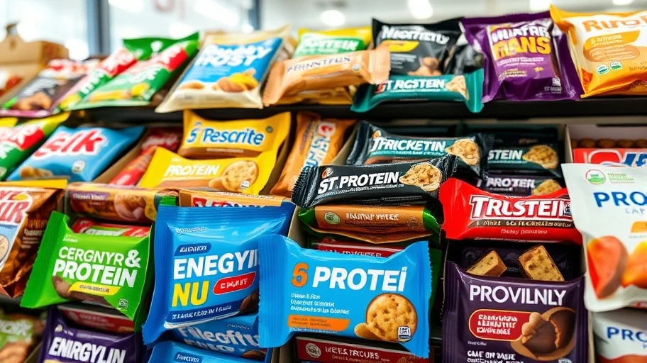 Variety of protein and energy bars in a store display.